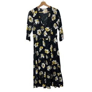 Boutique Promod Black & Yellow Floral Half Sleeve Wrap Midi Dress M
